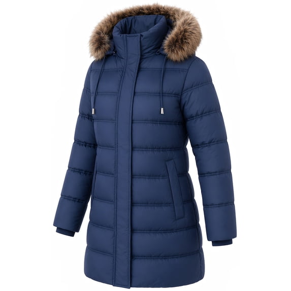 HVEOO Warm Winter Puffer Coat Fleece LinedWaterproof Long Down Jacket for Women, Navy