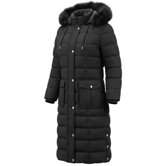HVEOO Winter Coat Womens Long Length Lightweight Puffer Jacket Quilted Outerwear, Black XL