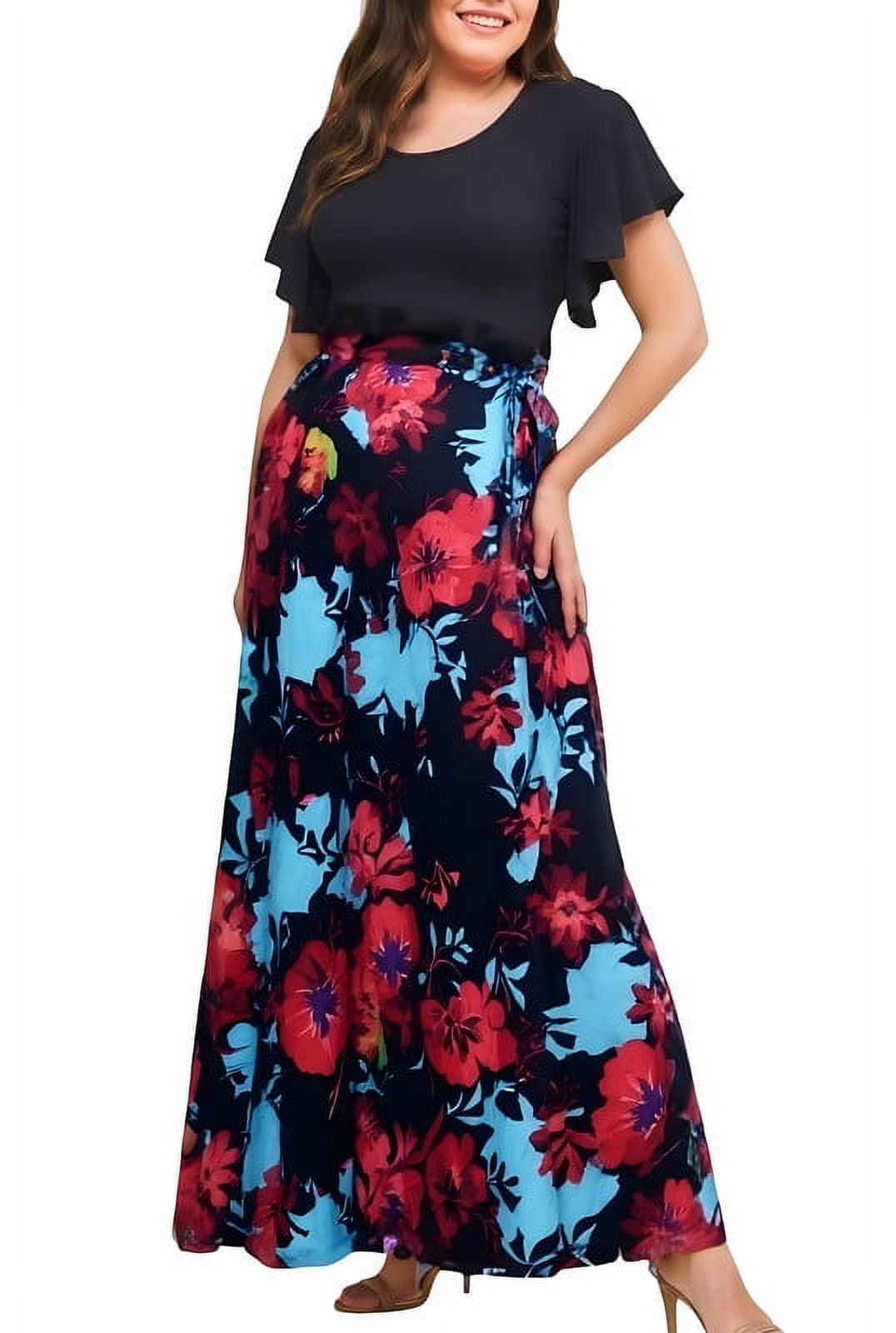 Women Casual Short Sleeves Summer Dresses Spring Crewneck Boho Floral Ruffle Cocktail Party Maxi Dress