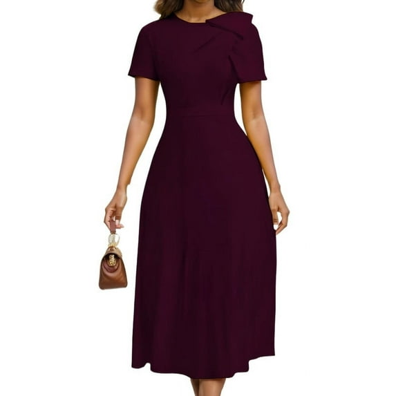 HVEOO Women Fashion A-Line Short Sleeve Work Ruffle Midi Dress Casual Summer Elegant Dresses, Burgundy Size XXL