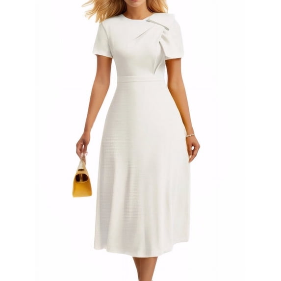 HVEOO Women Fashion A-Line Short Sleeve Work Ruffle Midi Dress Casual Summer Elegant Dresses, White Size XXL