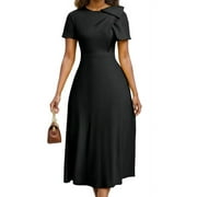 HVEOO Women's Casual A Line Swing Summer Dress Short Sleeve Round Neck Wrap Evening Party Dresses, Black Size L