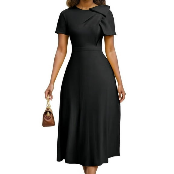 HVEOO Women's Casual A Line Swing Summer Dress Short Sleeve Round Neck Wrap Evening Party Dresses, Black Size L