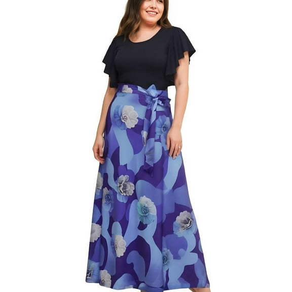 HVEOO Women's Casual Short Sleeve Boho Floral Ruffle Maxi Dress for Cocktail Party & Spring Summer