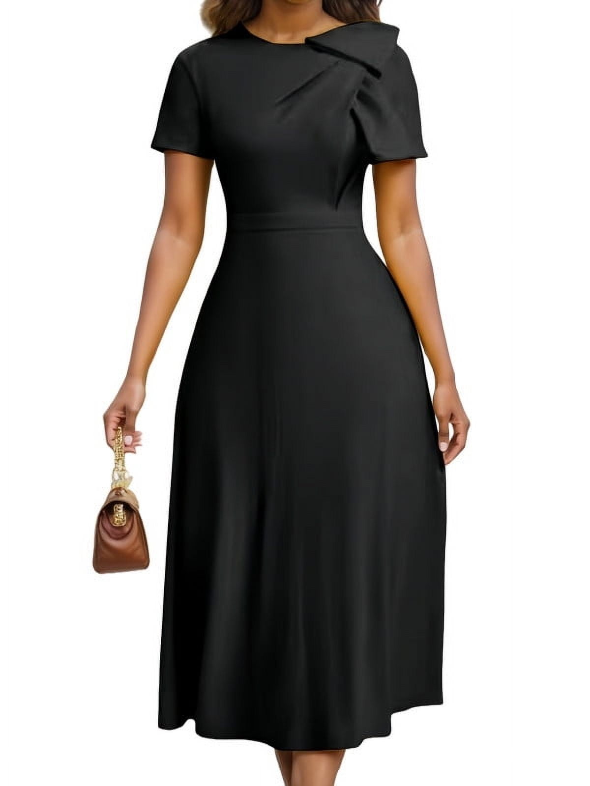 navy blue dress for baby girl Leely Women Ivory Collar Neck Midi Work Dress with Pockets A Line Long  Sleeves Single Breasted