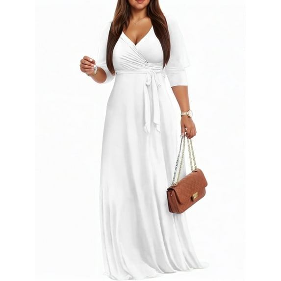 HVEOO Women's Floral Print Maxi Dresses Summer with Pockets Casual 3/4 Sleeve V-Neck Wrap Tie Waist Long Dress