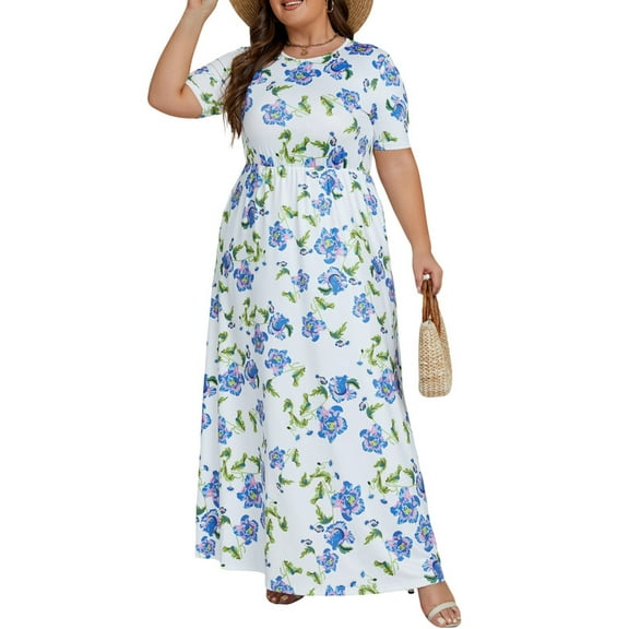HVEOO Maxi Dresses for Women Summer Casual Loose Short Sleeve Long Beach Dress with Pocket