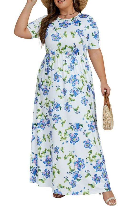 Maxi Dresses for Women Summer Casual Loose Short Sleeve Long Beach Dress with Pocket