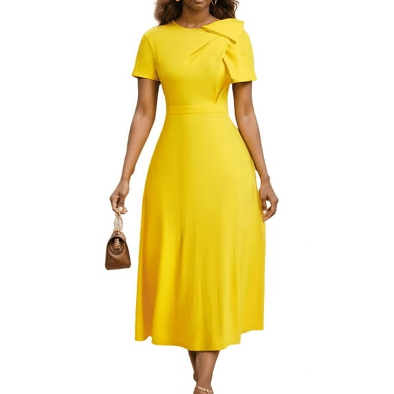 HVEOO Women's Midi Dresses Short Sleeve Casual Dresses Party Cocktail A-Line Dress, Yellow Size XL