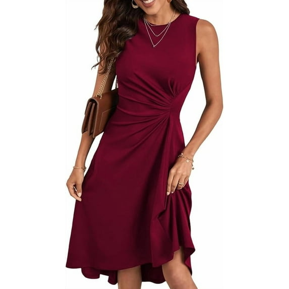 HVEOO Women's Sexy Round Neck Sleeveless Faux Wrap Ruched Sheath Cocktail Party Work Dress, Burgundy Size L