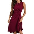 thumbnail image 1 of HVEOO Women's Sexy Round Neck Sleeveless Faux Wrap Ruched Sheath Cocktail Party Work Dress, Burgundy Size S, 1 of 10