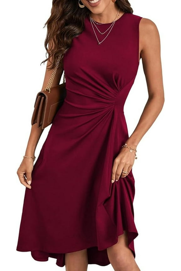 Women's Sexy Round Neck Sleeveless Faux Wrap Ruched Sheath Cocktail Party Work Dress, Burgundy Size XL