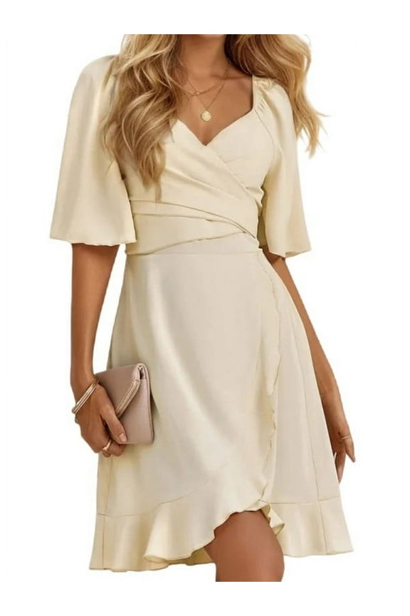 Womens Summer Dresses V Neck Tie Back Short Sleeve Ruffle A-Line Cocktail Dress Casual Mini Dress, Apricot S