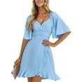 thumbnail image 1 of HVEOO Wrap Summer Dress for Women Elegant Wedding Guest Dress Ruffle Short Sleeve Mini Sundress, Blue 2XL, 1 of 8