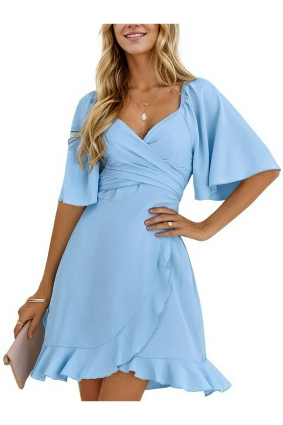 Wrap Summer Dress for Women Elegant Wedding Guest Dress Ruffle Short Sleeve Mini Sundress, Blue L