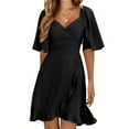 thumbnail image 1 of HVEOO Women's Wrap V Neck Short Flared Sleeve Wedding Guest Dress Smocked Elastic Waist Tiered Belted Ruffle Hem Mini Dress, Black L, 1 of 8
