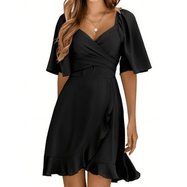 HVEOO Women's Wrap V Neck Short Flared Sleeve Wedding Guest Dress Smocked Elastic Waist Tiered Belted Ruffle Hem Mini Dress, Black L