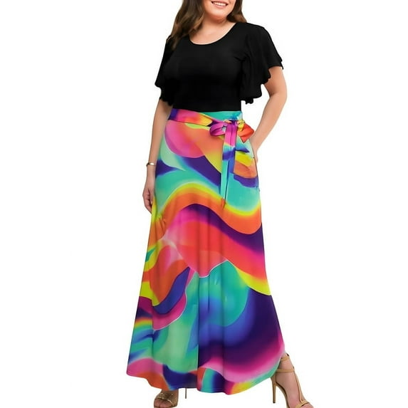 HVEOO Women's Short Sleeve Boho Floral Maxi Dress - Spring Summer Casual Dress with Ruffles for Garden Party & Cocktail Events