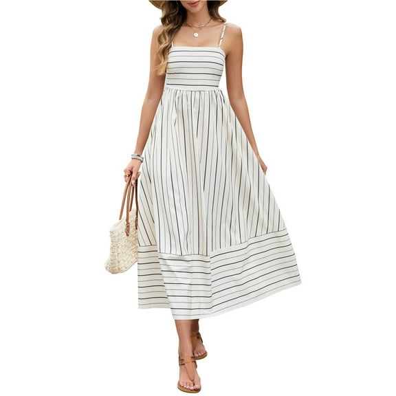 HVEOO Women's Summer Striped Spaghetti Strap Maxi Dress Boho Smocked Beach Sundress, Apricot