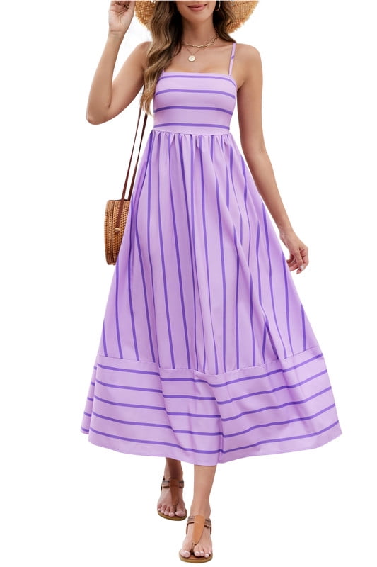 Women's Striped Maxi Dress Summer Spaghetti Strap Sleeveless Ruffle Hem Flowy Boho Beach Dress, Purple