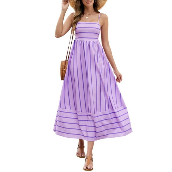 HVEOO Women's Striped Maxi Dress Summer Spaghetti Strap Sleeveless Ruffle Hem Flowy Boho Beach Dress, Purple