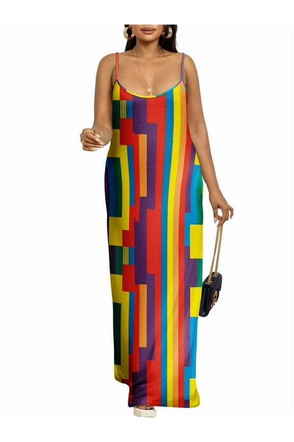 Women's Summer Casual Sleeveless V Neck Strappy Split Loose Dress Beach Long Maxi Dresses with Pocket, L