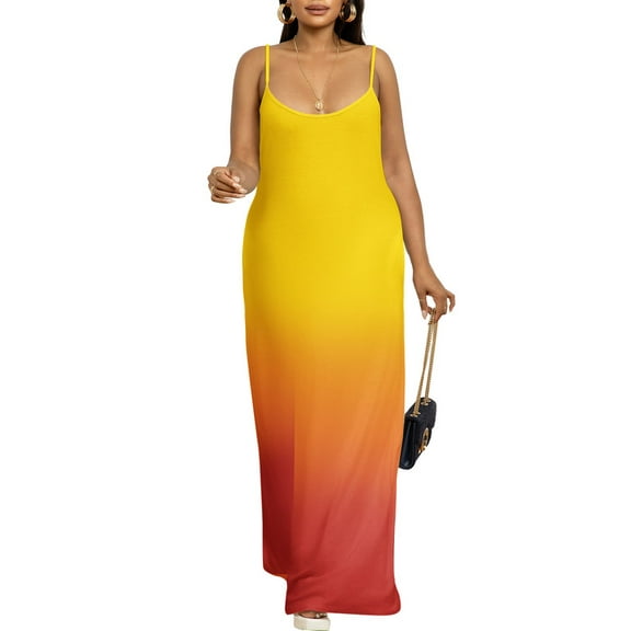 HVEOO Women's Summer Maxi Dress Long Dress Casual Boho Sleeveless Strap Smocked Tiered Long Beach Sun Dresses,L