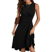 HVEOO Women's Summer Sleeveless Ruched Waist Flowy A Line High Low Midi Cocktail Party Dress, Black Size XL