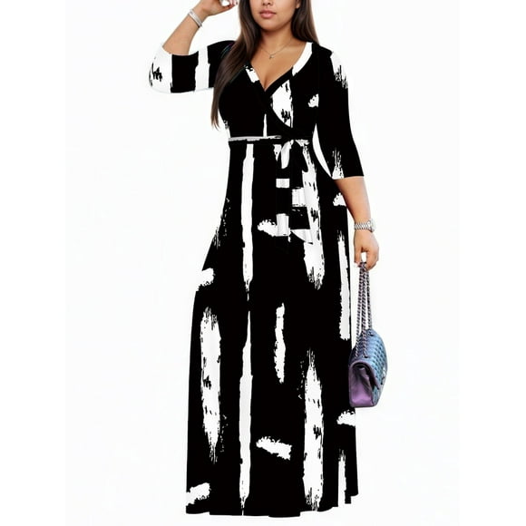 Women's V Neck 3/4 Sleeve African Floral Printed Party Loose Long Maxi Dress with Belt