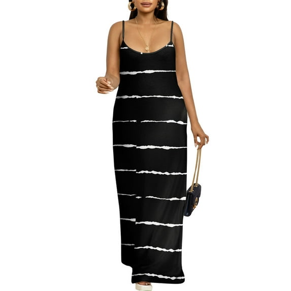 HVEOO Womens 2025 Casual Sundress Loose Striped Spaghetti Strap Long Summer Beach Maxi Dress with Pockets, L