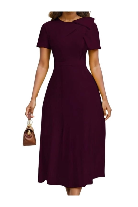 Womens Short Sleeve Cocktail Dress, Church Dresses for Wedding Guest, Modest Prom Party Dress, Burgundy Size M