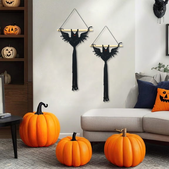 HVEST 2 Pcs Halloween Black Bat Macrame Wall Hanging- Horror Bat Wall Decor, Gothic Decorations Outdoor, Yard, Tree, Handmade Woven Hanging Decor for Bedroom, Spooky Season Ornaments