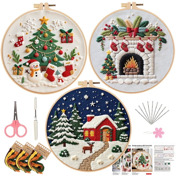 HVEST 3 Pack Christmas Embroidery Kit for Beginners - Xmas Tree & Village with Embroidery Pattern, Hoop, Complete Cross Stitch Supplies (Needle/Threads/Scissors) DIY Craft for Adults Sewing Hobby