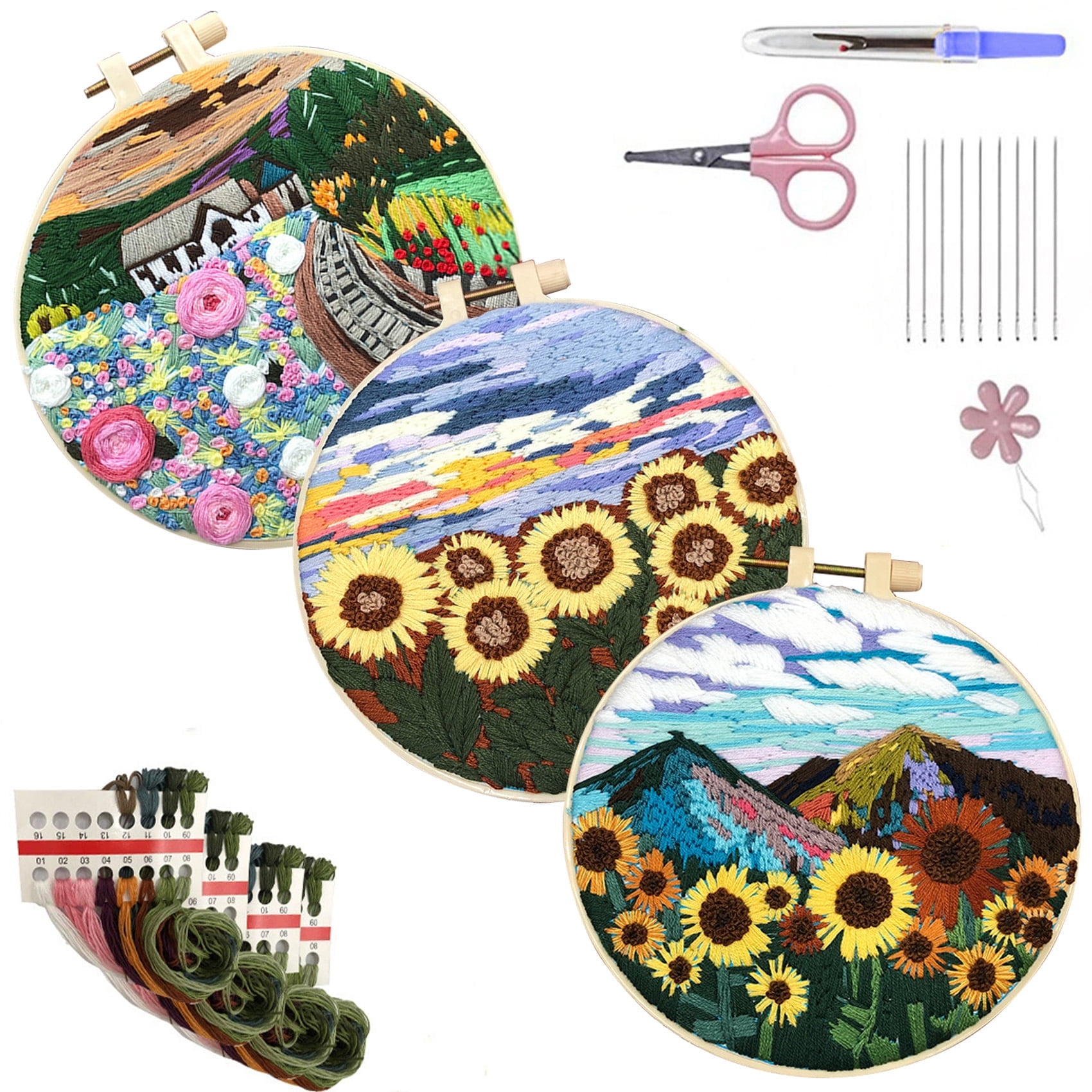 HVEST 3 Pack Embroidery Kit for Beginners - Sunflower Floral & Nature Scene with Embroidery Pattern, Hoop, Complete Cross Stitch Supplies (Needle/Threads/Scissors) DIY Craft for Adults Sewing Hobby