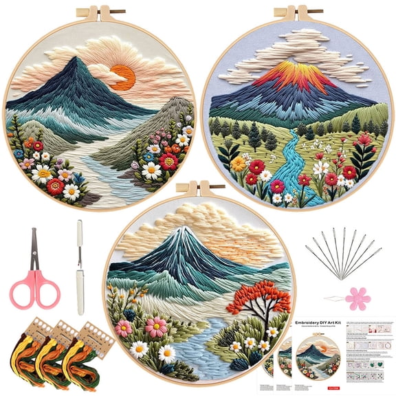 HVEST 3 Pack Floral Embroidery Kit for Beginners - Mountain Landscape with Embroidery Pattern, Hoop, Complete Cross Stitch Supplies (Needle/Threads/Scissors) DIY Craft for Adults Sewing Hobby