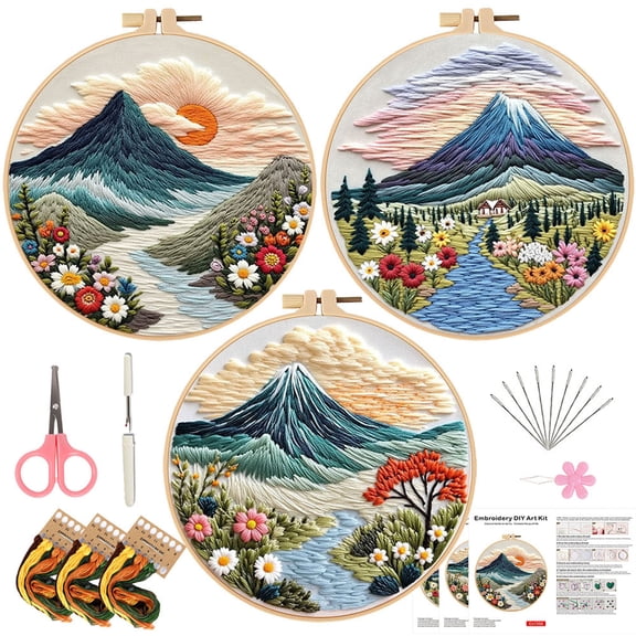 HVEST 3 Pack Flower Embroidery Kit for Beginners - Mountain Landscape with Embroidery Pattern, Hoop, Complete Cross Stitch Supplies (Needle/Threads/Scissors) DIY Craft for Adults Sewing Hobby