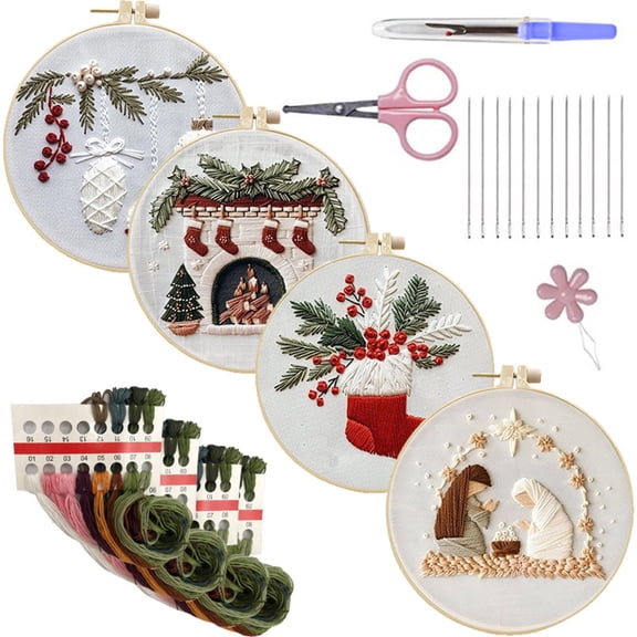 HVEST 4 Pack Christmas Embroidery Kit for Beginners - Nativity Scene with Embroidery Pattern, Hoop, Complete Cross Stitch Supplies (Needle/Threads/Scissors) DIY Craft for Adults Sewing Hobby