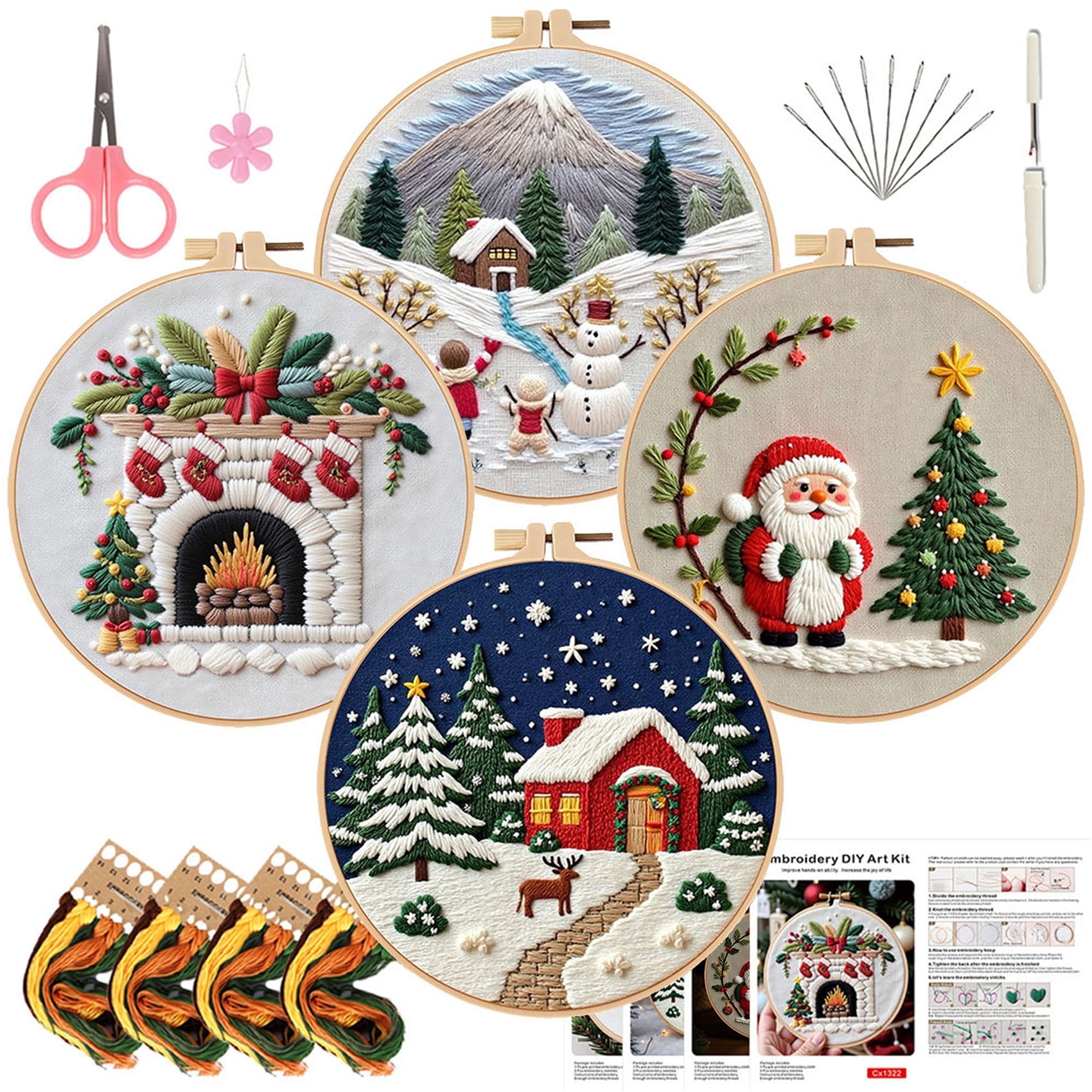 HVEST 4 Pack Christmas Embroidery Kit for Beginners - Santa Claus with Embroidery Pattern, Hoop, Complete Cross Stitch Supplies (Needle/Threads/Scissors) DIY Craft for Adults Sewing Hobby