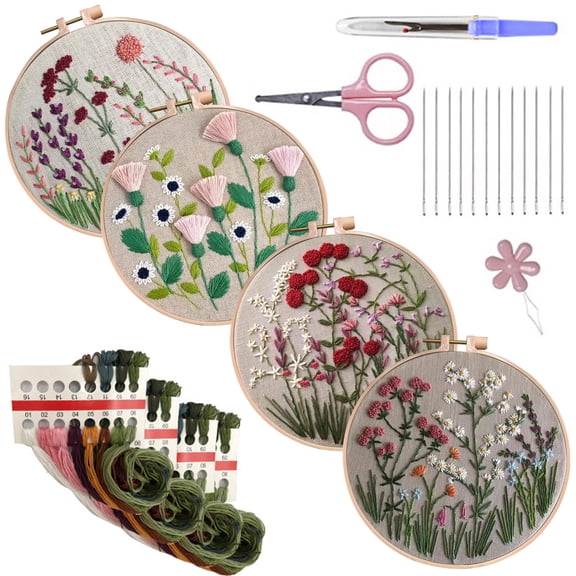 HVEST 4 Pack Embroidery Kit for Beginners - Flower Plant & Wildflower with Embroidery Pattern, Hoop, Complete Cross Stitch Supplies (Needle/Threads/Scissors) DIY Craft for Adults Sewing Hobby