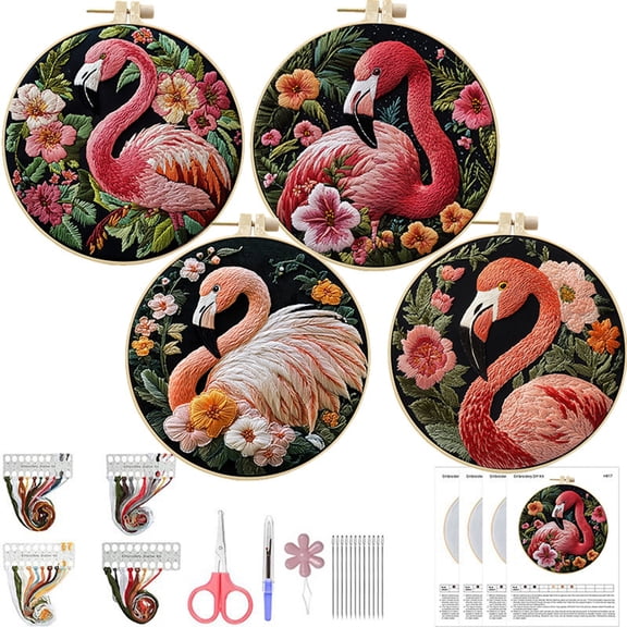 HVEST 4 Pack Embroidery Kit for Beginners - Pink Flamingo and Flower with Embroidery Pattern, Hoop, Complete Cross Stitch Supplies (Needle/Threads/Scissors) DIY Craft for Adults Sewing Hobby