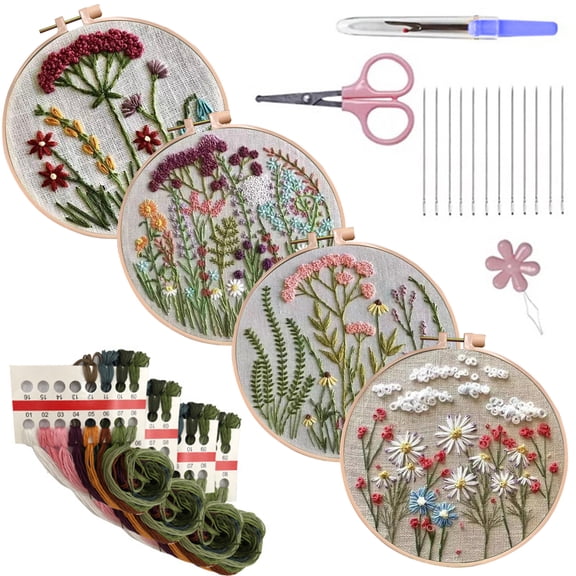 HVEST 4 Pack Embroidery Kit for Beginners - Rustic Floral & Green Leaf with Embroidery Pattern, Hoop, Complete Cross Stitch Supplies (Needle/Threads/Scissors) DIY Craft for Adults Sewing Hobby