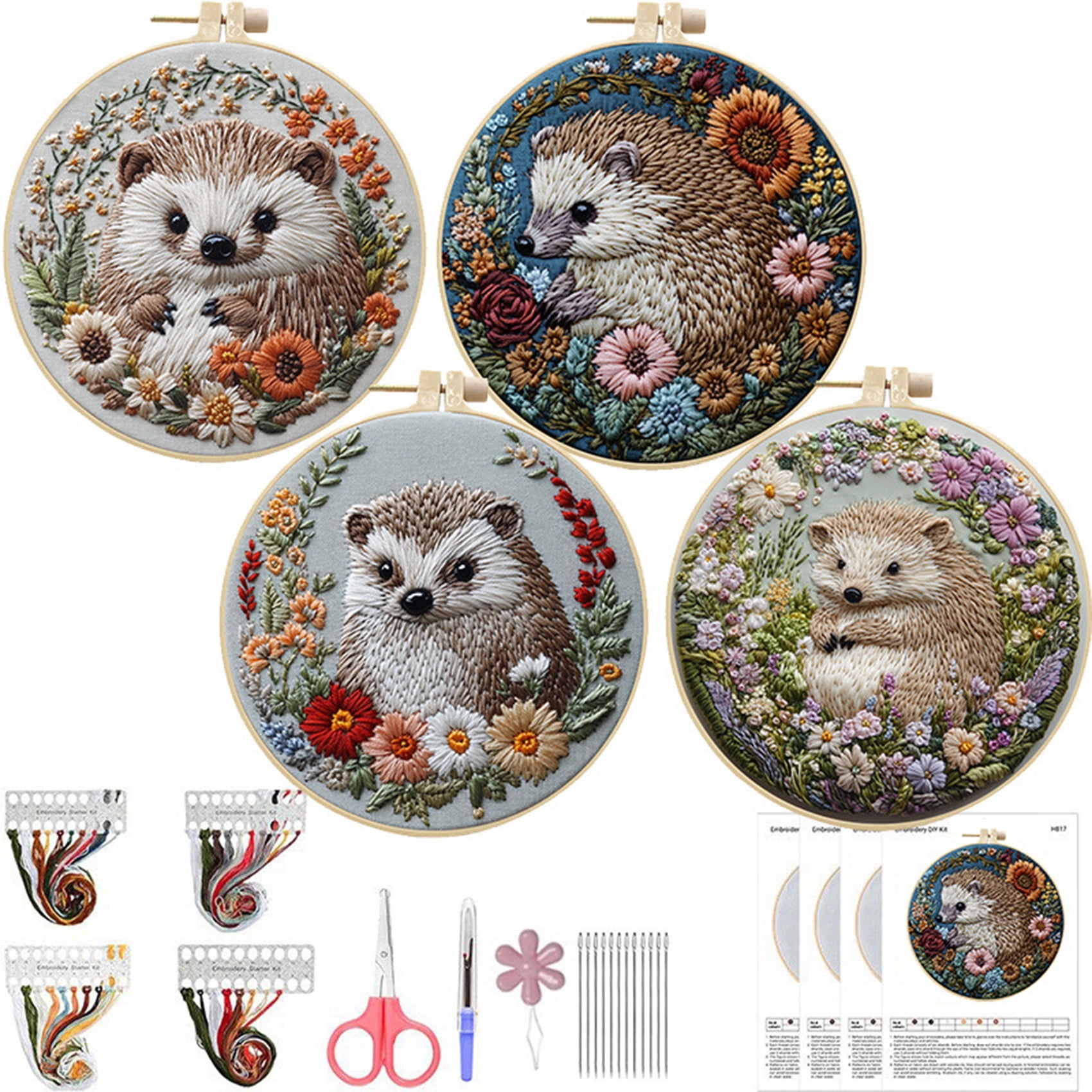 HVEST 4 Pack Hedgehog and Flower Embroidery Kit for Beginners -  Cute Animal with Embroidery Pattern, Hoop, Complete Cross Stitch Supplies (Needle/Threads/Scissors) DIY Craft for Adults Sewing Hobby