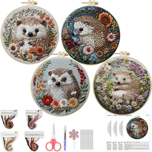 HVEST 4 Pack Hedgehog and Flower Embroidery Kit for Beginners - Cute Animal with Embroidery Pattern, Hoop, Complete Cross Stitch Supplies (Needle/Threads/Scissors) DIY Craft for Adults Sewing Hobby