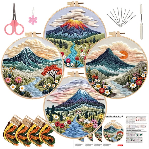 HVEST 4 Pack Landscape Embroidery Kit for Beginners - Floral Mountain with Embroidery Pattern, Hoop, Complete Cross Stitch Supplies (Needle/Threads/Scissors) DIY Craft for Adults Sewing Hobby