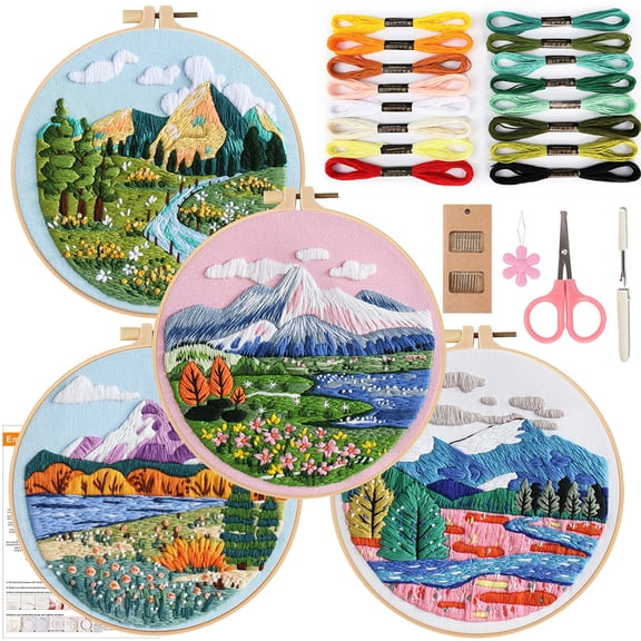 HVEST 4 Pack Landscape Embroidery Kit for Beginners - Mountain & Floral with Embroidery Pattern, Hoop, Complete Cross Stitch Supplies (Needle/Threads/Scissors) DIY Craft for Adults Sewing Hobby