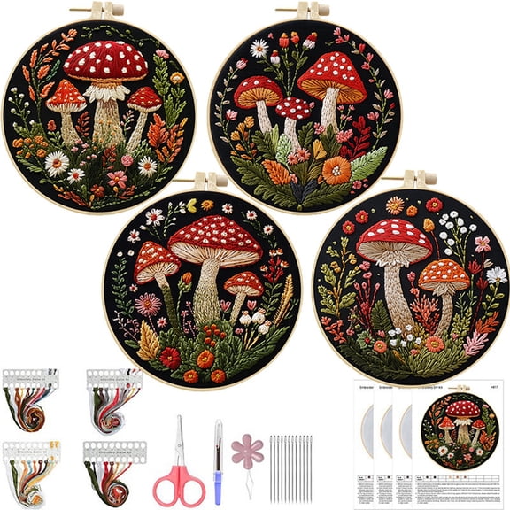 HVEST 4 Pack Red Mushroom Embroidery Kit for Beginners - Botanical Flower with Embroidery Pattern, Hoop, Complete Cross Stitch Supplies (Needle/Threads/Scissors) DIY Craft for Adults Sewing Hobby