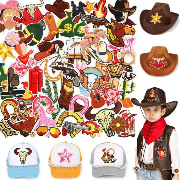 HVEST 45Pcs Western Cowboy Embroidered Iron on Patches, Brown Cowgirl Repair Patch Kit Sew on Embroidered Applique DIY Accessory for Backpack Clothes Pants Hats Jeans