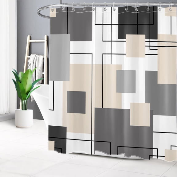 HVEST Abstract Geometric Shower Curtain, Beige Gray White Abstract Pattern Shower Curtain - Modern Geometric Bathroom Decor, Waterproof Polyester Fabric, Includes 12 Hooks, 72x78 Inches