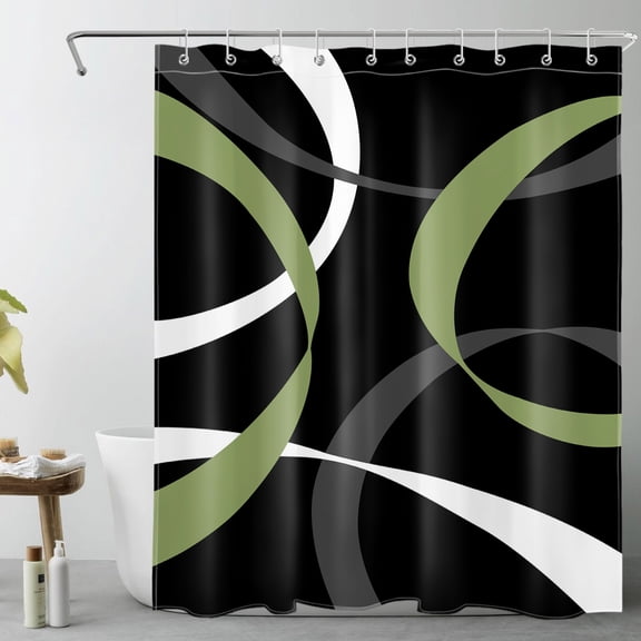 HVEST Abstract Geometric Shower Curtain, Black and Green Abstract Line Shower Curtain - Modern Simple Bathroom Decor, Waterproof Polyester Fabric, Includes 10 Hooks, 60x72 Inches