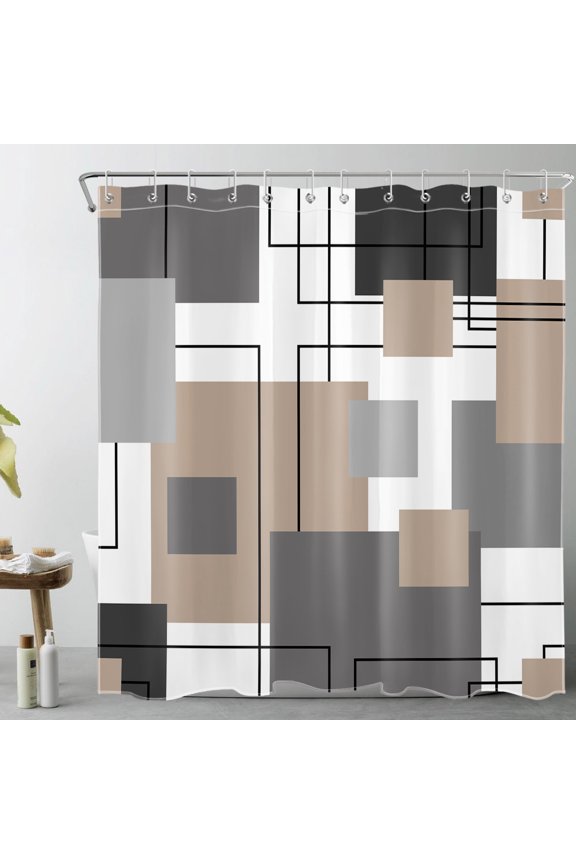Abstract Geometric Shower Curtain, Brown Gray White Abstract Pattern Shower Curtain - Modern Geometric Bathroom Decor, Waterproof Polyester Fabric, Includes 12 Hooks, 72x72 Inches